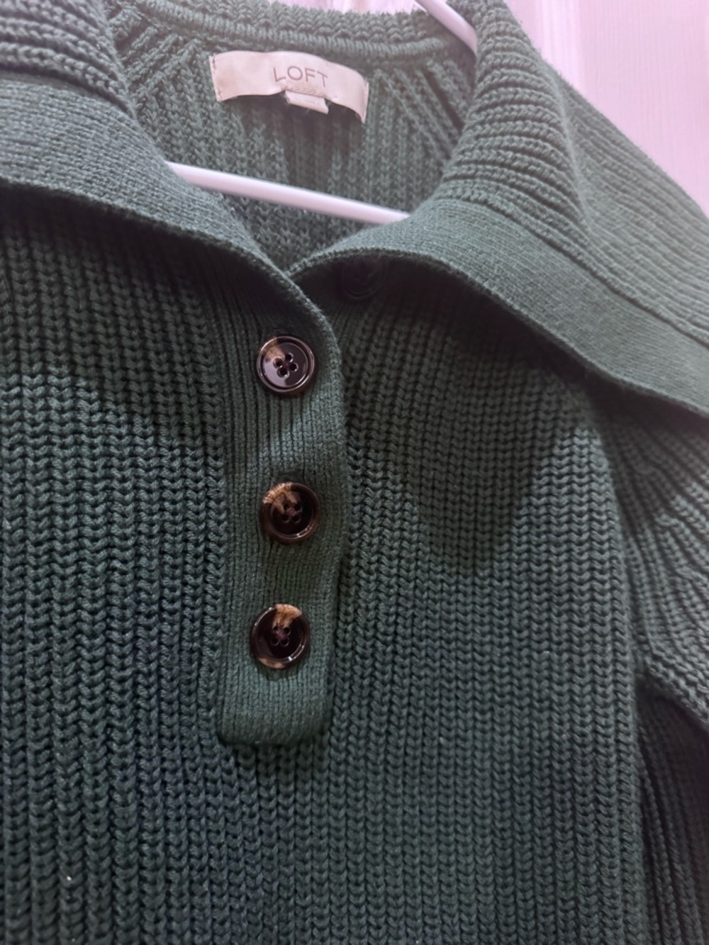 LOFT Deep Green Ribbed Collar Button-Front Sweater - Picture 2 of 7